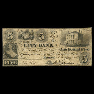 Canada, City Bank (Montreal), 5 dollars : February 1, 1853