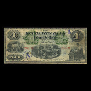 Canada, Mechanics Bank (Montreal), 4 dollars : June 1, 1872