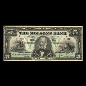 Canada, Molsons Bank, 5 dollars : January 2, 1912