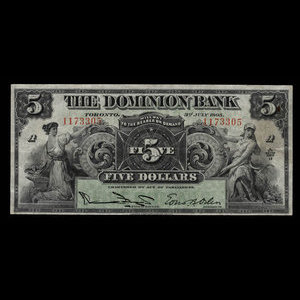 Canada, Dominion Bank, 5 dollars : July 3, 1905