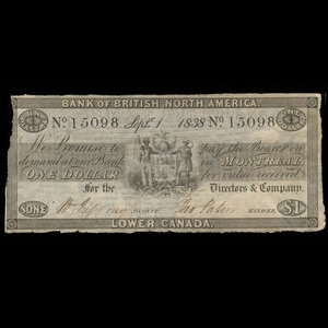 Canada, Bank of British North America, 1 dollar : September 1, 1838