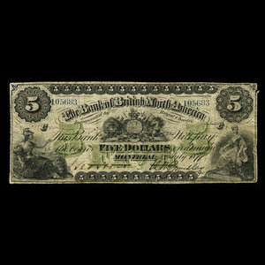 Canada, Bank of British North America, 5 dollars : July 3, 1877