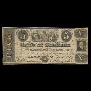 Canada, Colonial Bank of Chatham, 5 dollars : February 3, 1837