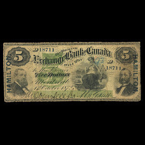 Canada, Exchange Bank of Canada, 5 dollars : October 1, 1872