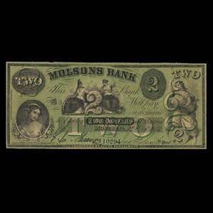 Canada, Molsons Bank, 2 dollars : October 1, 1857