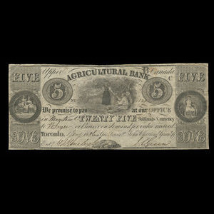 Canada, Agricultural Bank (Toronto), 5 dollars : November 1, 1836