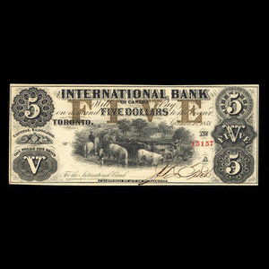 Canada, International Bank of Canada, 5 dollars : September 15, 1858