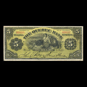 Canada, Quebec Bank, 5 dollars : June 1, 1908