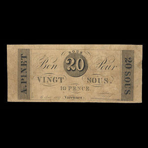 Canada, A. Pinet, 20 sous : August 6, 1837