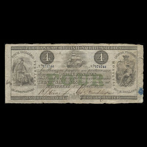 Canada, Bank of British North America, 4 dollars : December 1, 1852