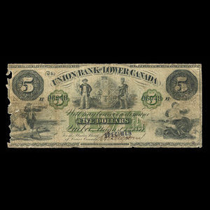 Canada, Union Bank of Lower Canada, 5 dollars : August 1, 1871