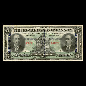 British Guiana, Royal Bank of Canada, 5 dollars : January 2, 1913