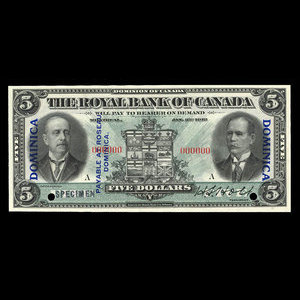 Dominica, Royal Bank of Canada, 5 dollars : January 2, 1913