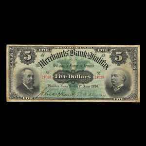 Canada, Merchants' Bank of Halifax, 5 dollars : June 1, 1894