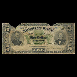 Canada, Molsons Bank, 5 dollars : January 3, 1893