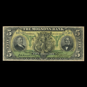 Canada, Molsons Bank, 5 dollars : October 2, 1905