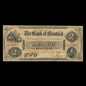 Canada, Bank of Montreal, 2 dollars : August 1, 1856