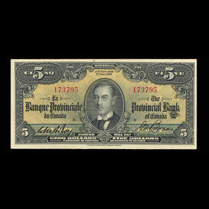 Canada, Provincial Bank of Canada, 5 dollars : September 1, 1936