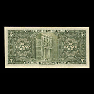 Canada, Provincial Bank of Canada, 5 dollars : September 1, 1936