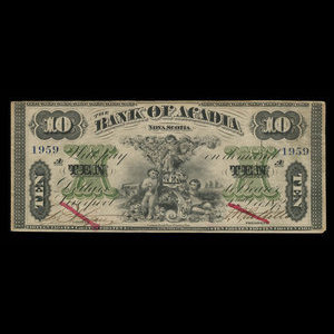 Canada, Bank of Acadia, 10 dollars : December 2, 1872