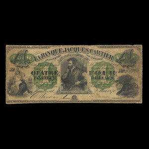 Canada, Banque Jacques-Cartier, 4 piastres : May 2, 1870