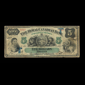 Canada, Royal Canadian Bank, 5 dollars : July 26, 1865