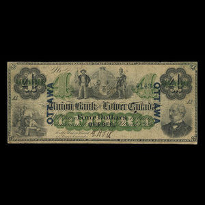 Canada, Union Bank of Lower Canada, 4 dollars : March 1, 1866