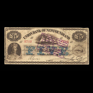 Canada, Union Bank of Newfoundland, 5 pounds : October 2, 1865