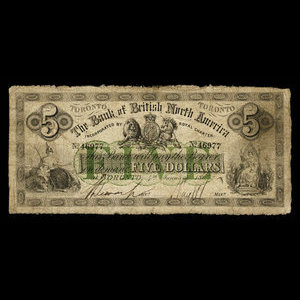 Canada, Bank of British North America, 5 dollars : January 4, 1865