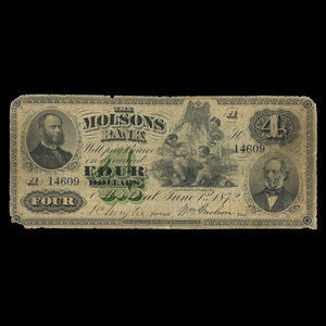 Canada, Molsons Bank, 4 dollars : June 1, 1872