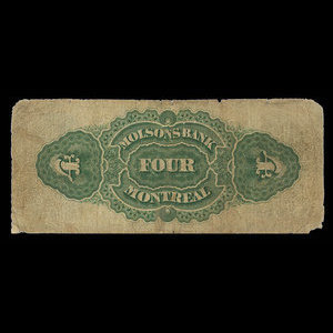 Canada, Molsons Bank, 4 dollars : June 1, 1872