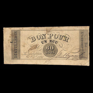 Canada, Distillerie de l'Assomption, 1 ecu : 1837