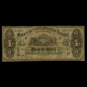 Canada, Consolidated Bank of Canada, 4 dollars : July 1, 1876