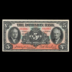 Canada, Dominion Bank, 5 dollars : January 2, 1935