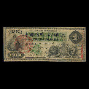 Canada, People's Bank of Halifax, 4 dollars : July 1, 1870