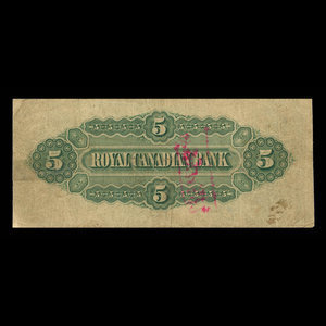 Canada, Royal Canadian Bank, 5 dollars : July 1, 1872