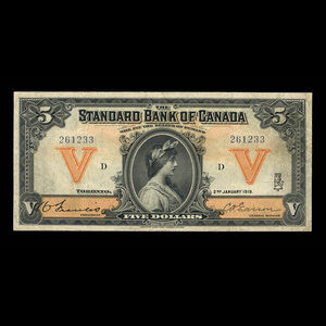 Canada, Standard Bank of Canada, 5 dollars : January 2, 1919