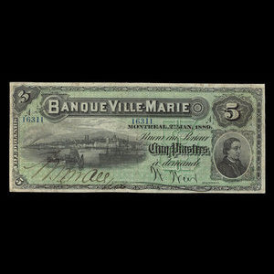 Canada, Banque Ville-Marie, 5 dollars : January 2, 1889