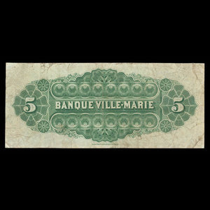 Canada, Banque Ville-Marie, 5 dollars : January 2, 1889