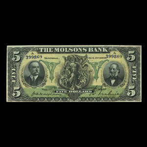 Canada, Molsons Bank, 5 dollars : October 2, 1905