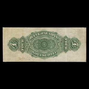 Canada, Bank of Acadia, 4 dollars : December 2, 1872