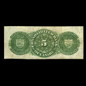 Canada, Consolidated Bank of Canada, 5 dollars : July 1, 1876