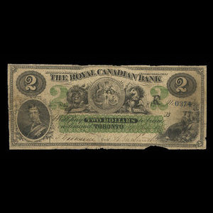 Canada, Royal Canadian Bank, 2 dollars : July 4, 1865