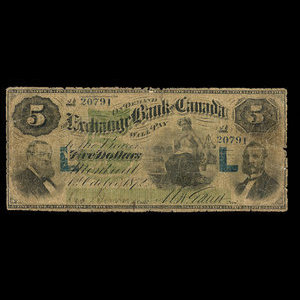 Canada, Exchange Bank of Canada, 5 dollars : October 1, 1872