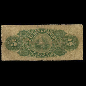 Canada, Exchange Bank of Canada, 5 dollars : October 1, 1872