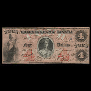 Canada, Colonial Bank of Canada, 4 dollars : May 4, 1859