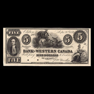 Canada, Bank of Western Canada, 5 dollars : September 20, 1859