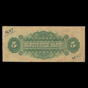 Canada, Banque Ville-Marie, 5 dollars : October 1, 1885