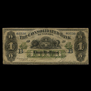 Canada, Consolidated Bank of Canada, 4 dollars : July 1, 1876