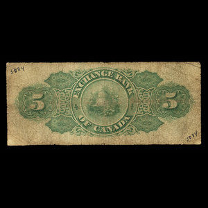 Canada, Exchange Bank of Canada, 5 dollars : October 1, 1872